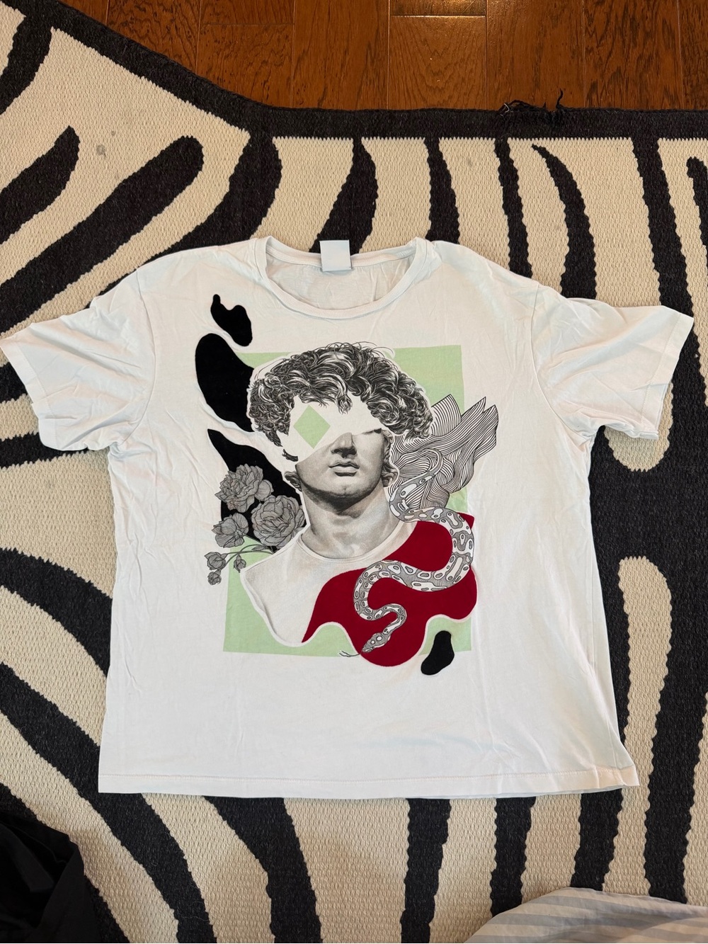 Zara White Short-Sleeve Tee with Artistic Statue & Snake Print